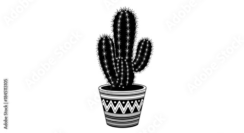 Black and white cactus illustration in a decorative geometric pot featuring a tall central stem and curved arms against a stark white background.