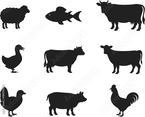 Collection of nine farm animal silhouettes including sheep cow duck pig chicken rooster fish farm animals