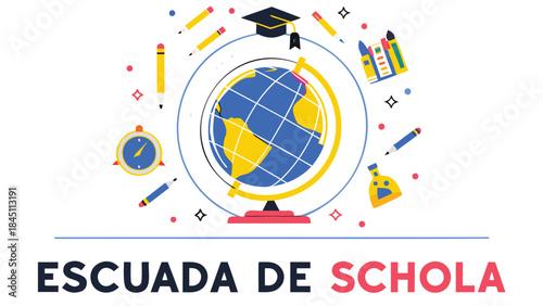 Vibrant educational globe illustration with school supplies and graduation cap floating around it on white background for learning and teaching