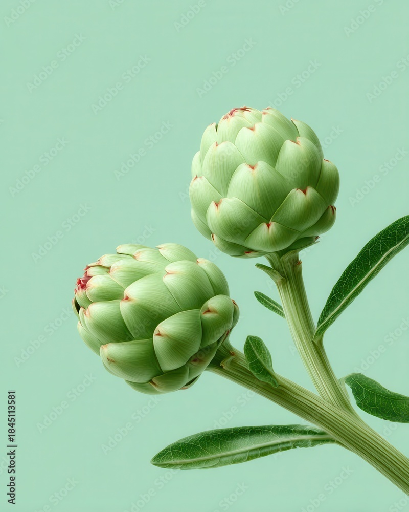 Obraz premium Artistry of two fresh artichokes paired with vibrant green asparagus in a seamless pattern. Artichoke and Asparagus Month