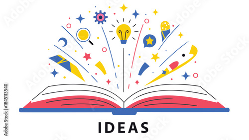 Vibrant colorful illustration of an open book with creative ideas and inspiration bursting out, including a lightbulb, stars, and shapes, symbolizing innovation