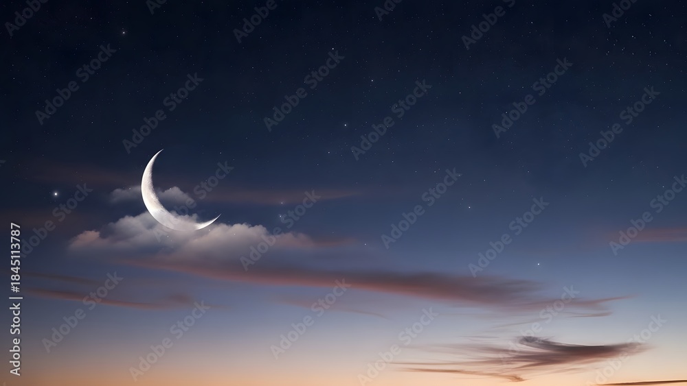 Obraz premium Crescent moon and stars in a twilight sky with wispy clouds night