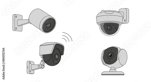 Four different security cameras shown including a wall mounted bullet camera a dome camera a pan tilt zoom camera and a compact indoor dome camera.
