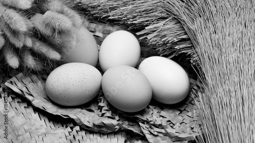 Minimal black and white still life of farm eggs in straw, highlighting natural textures, agriculture, sustainability, and rural food concepts.