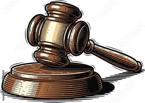 Vintage engraving style vector illustration of a judge's wooden gavel and sound block, symbolizing law, justice, court ruling, auction decision, and classic legal system concept.