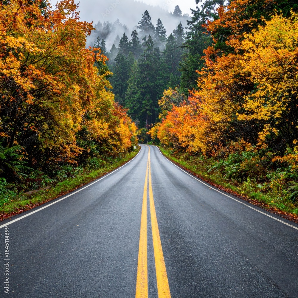 Naklejka premium A winding road through a vibrant autumn forest, bathed in muted light. The road stretches into a misty, wooded landscape, lined with colorful trees showcasing autumn foliage