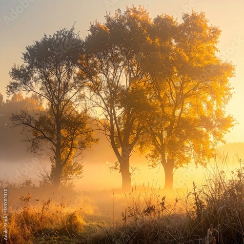 Wallpaper Mural Golden morning mist envelops trees Torontodigital.ca