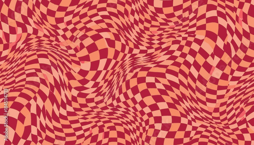 Bild auf Leinwand Warped Red and Orange Checkerboard Pattern Abstract Background with Distorted Sq
