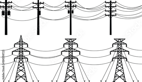 Black and White Silhouettes of Electricity Transmission Towers and Utility Poles Keywords: electricity, power, transmission