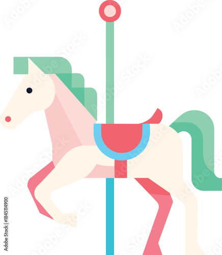 Minimalist flat vector illustration of a charming carousel horse with simple geometric shapes and vibrant colors, symbolizing childhood fun, amusement park rides, and vintage entertainment concept