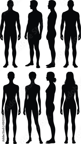 Silhouettes of men and women in various poses and profiles on white background people woman