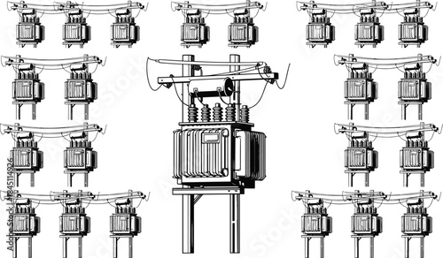 Central power transformer surrounded by smaller pole-mounted transformers Keywords: power transformer, electricity, utility pole