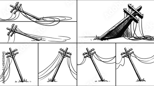 Collage of illustrations depicting fallen and leaning utility poles with wires damaged broken