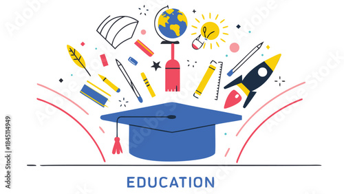 Vibrant illustration of graduation cap surrounded by educational icons and symbols representing learning and knowledge