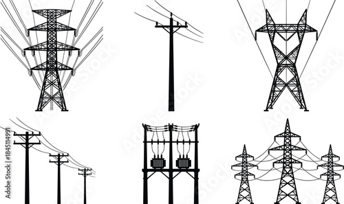 Collage of various electricity transmission towers and utility poles power line pylon