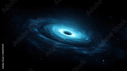 A black hole in space with swirling blue light and dark background, featuring glowing black body, intense darkness, and light effects on edges of spiral waves for cosmic or scientific concepts.