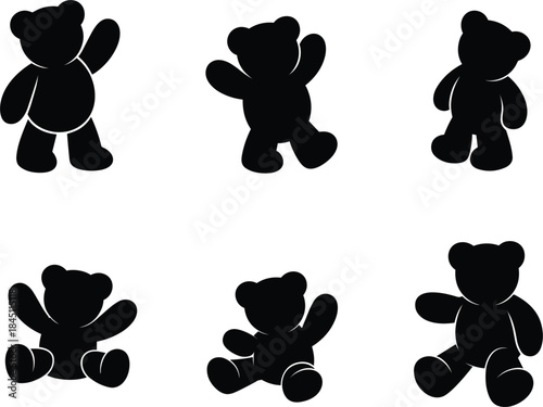 Six black silhouette teddy bear icons in various playful poses on white stuffed animal