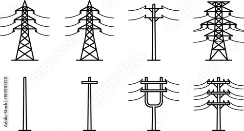 Collection of Electricity Pylon and Pole Line Art Icons on White Background Keywords: electricity, power, transmission, pylon