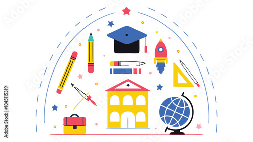 Vibrant illustration of various school supplies and symbols including pencils, a graduation cap, globe, and school building, surrounded by colorful stars and shapes