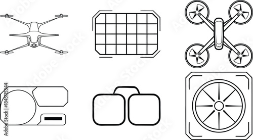 drone technology icons collection with batteries controllers and flight equipment, vector illustration