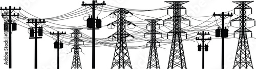 Dense network of power transmission towers and utility poles with tangled wires power line electricity