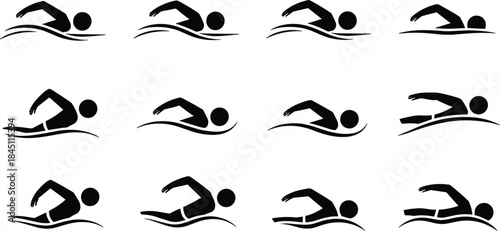 Swimmer icons freestyle stroke swimming motion sequence black white symbol