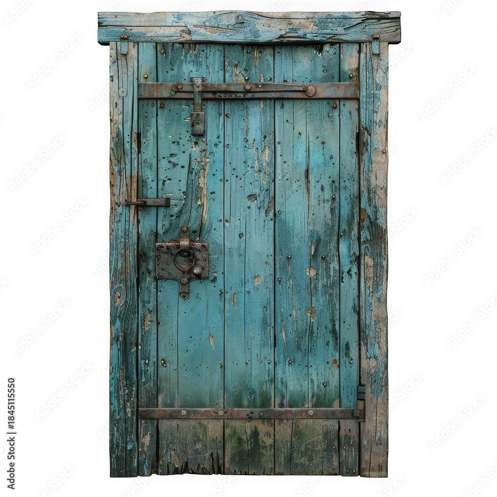 Naklejka premium A weathered vintage blue wooden door with rusted metal hardware and lock ideal for designs on transparent background