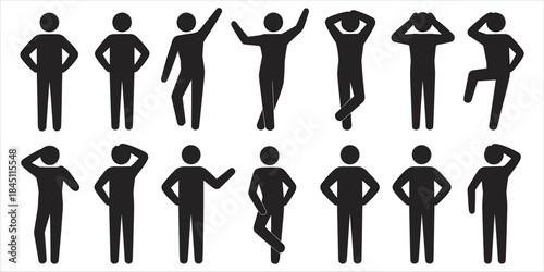Twelve black silhouette icons of human figures in various poses on a white background person woman