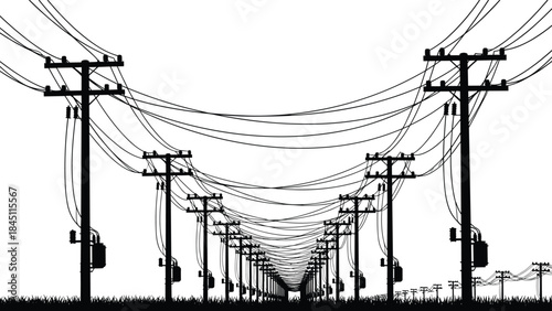 Endless rows of silhouetted power poles with transformers and wires electricity power line