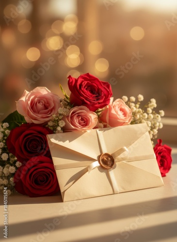A romantic red rose bouquet with an envelope and a gift box for a Valentine's Day celebration of love and romance