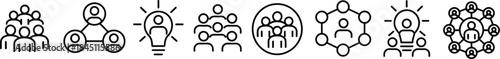 simple line business icons representing teamwork collaboration and innovation concepts, vector illustration