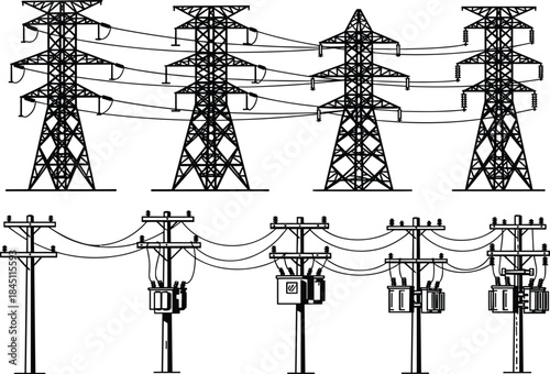 Group of Electrical Transmission Towers and Utility Poles with Transformers and Wires Keywords: electricity, power, transmission