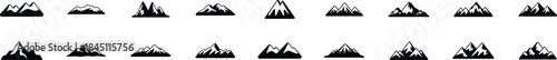 mountain peak silhouettes collection in black and white for landscape and outdoor designs, vector illustration