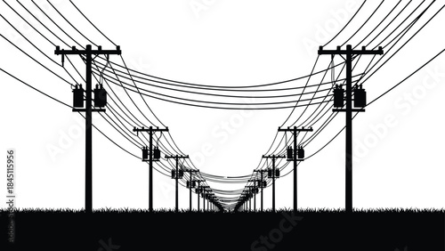 Perspective view of electricity poles and wires receding into distance with grass silhouette power line