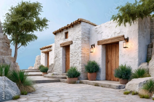 Fototapeta Naklejka Na Ścianę i Meble -  Mediterranean village architecture with white stone houses and cobblestone path