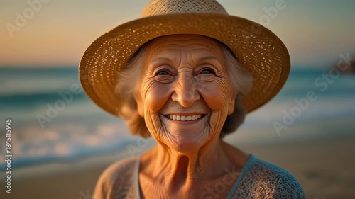 Happy senior caucasian woman in a straw hat enjoying a beautiful sunset on the beach. Portrait of a smiling elderly female showing contentment and peace during her retirement vacation