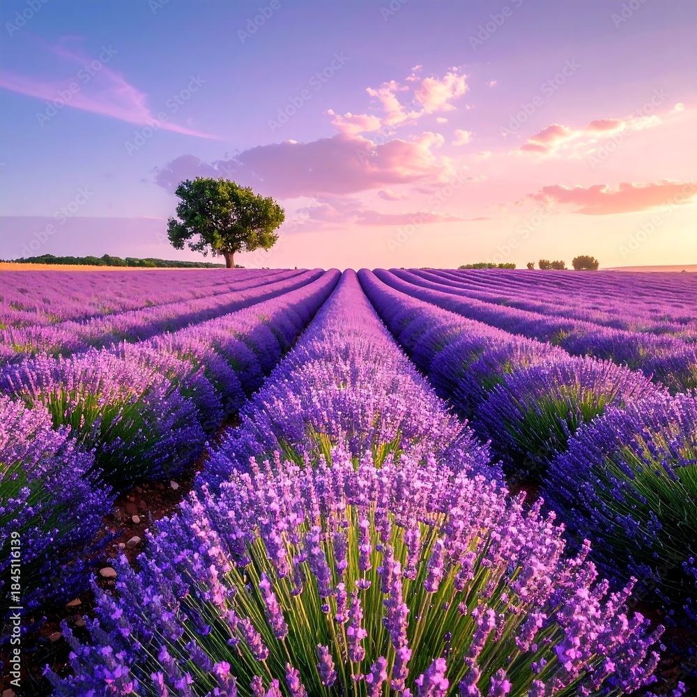 Obraz premium Lavender field at sunset with a lone tree in the background