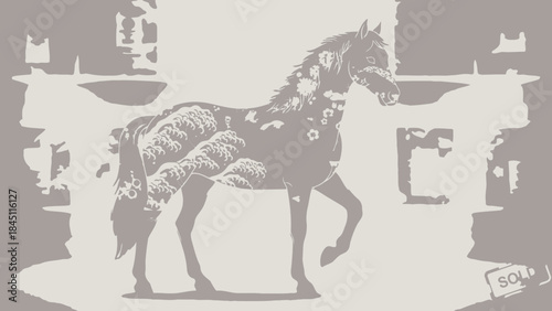 Ornate Horse Standing with Cloud and Floral Patterns in Monochromatic Illustration Style
