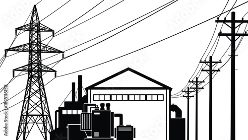 Silhouette of a factory and utility poles with power lines near a high-voltage transmission tower industrial