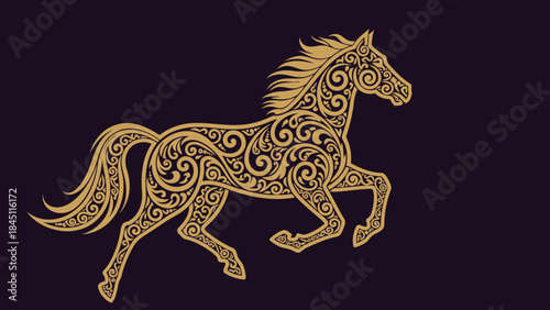 Golden Ornate Horse Galloping with Intricate Filigree Pattern Vector Illustration
