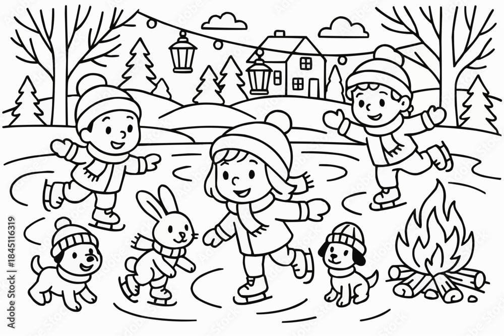 Fototapeta premium Coloring book - Kids ice skating on outdoor rink with bunny and dogs in winter 