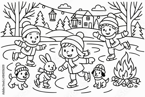 Coloring book - Kids ice skating on outdoor rink with bunny and dogs in winter  