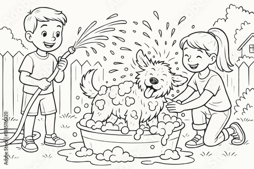 Coloring book - Two children washing a dog in a tub outdoors in summer  