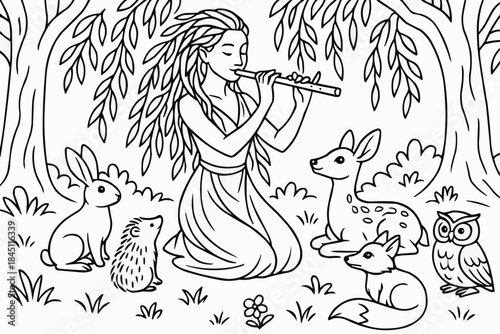 Coloring book - Forest fairy plays flute surrounded by forest animals
