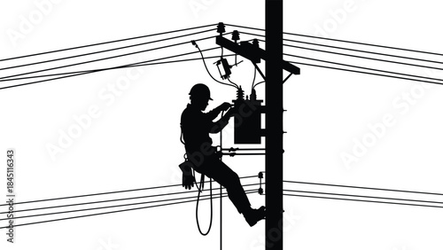 Silhouette of an electrician working on a power line transformer on a pole Keywords: electrician, power line, utility worker