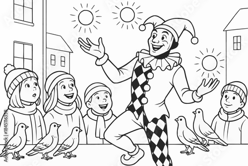 Coloring book - Harlequin entertains children by juggling balls 