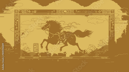Ukiyo-e Style Pixel Art Galloping Horse in Decorative Frame with Stylized Landscape