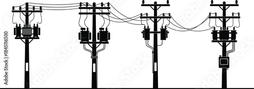 Silhouette of four electricity poles with transformers and wires on a white background power utility