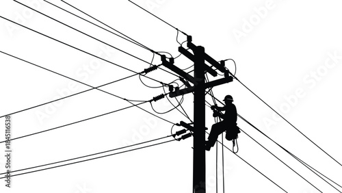 Silhouette of lineman working on power lines against a white background electricity utility worker
