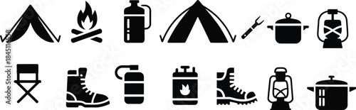 camping and outdoor adventure icons collection with tent fire and gear, vector illustration